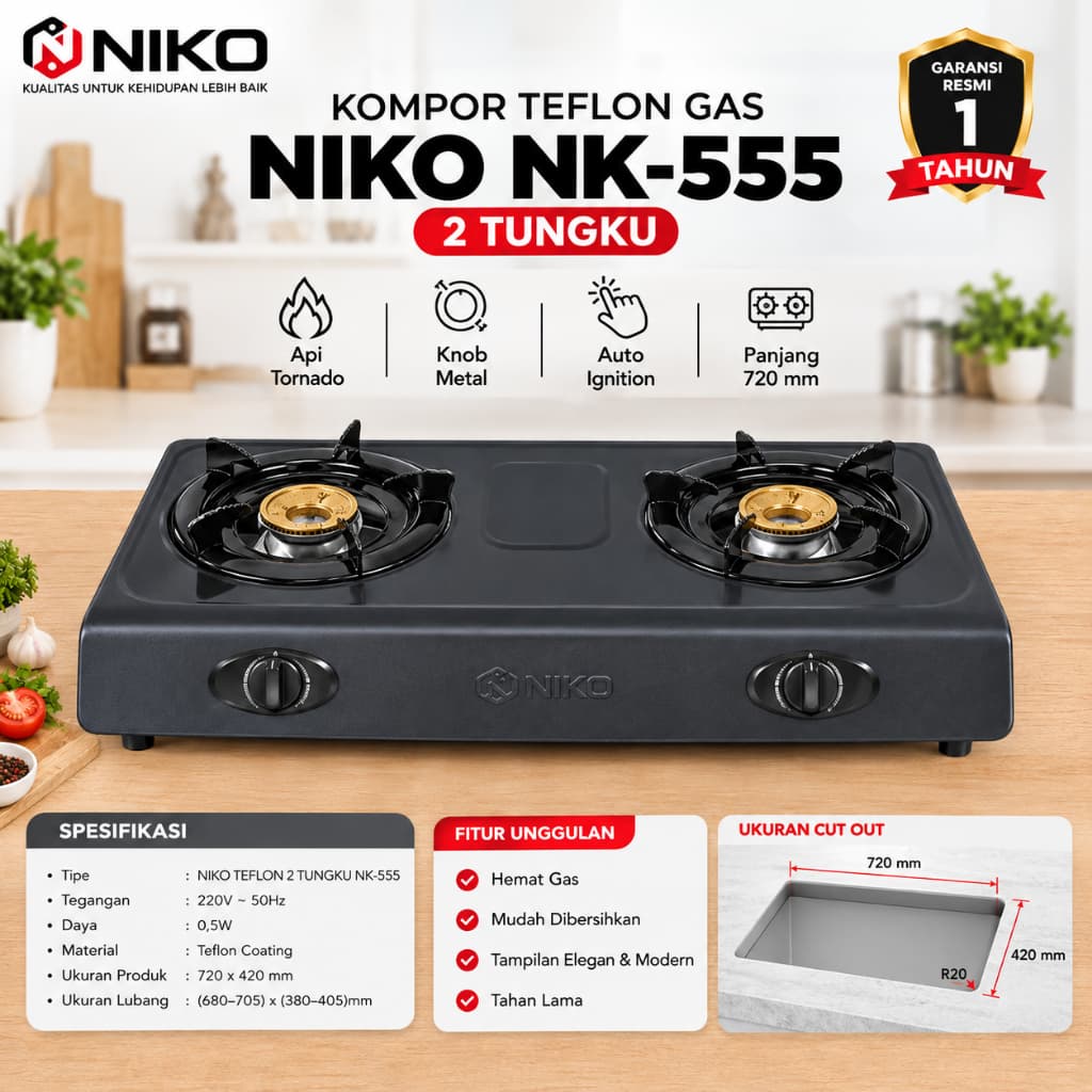 KOMPOR NIKO 2 TUNGKU TEFLON NK-555 TANPA BUBBLE