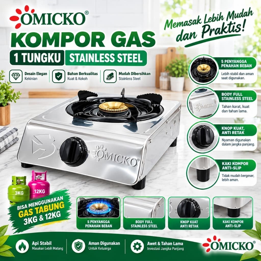 KOMPOR OMICKO 1 TUNGKU STAINLES ANTI KARAT AMAN SUDAH SNI